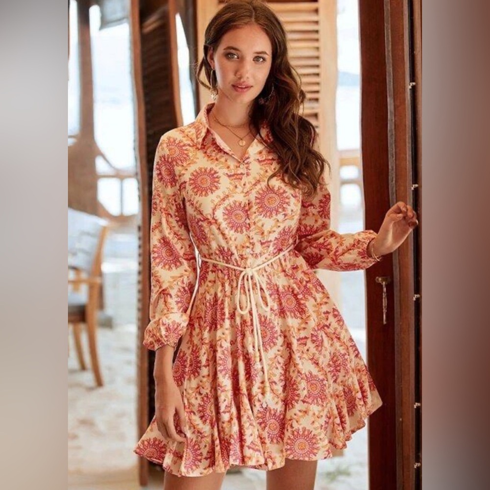 SHEIN Pink and Cream Button Up Long Sleeve Flowing Dress